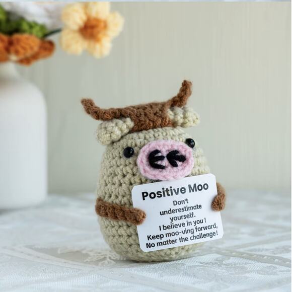 Handmade Yarn Crochet Cow Plush | Positive Moo | Motivational Message Gift - Picture 2 of 8